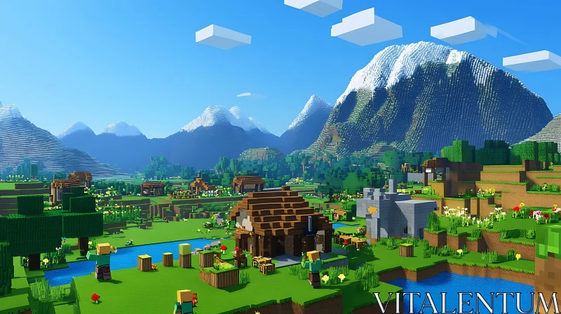 Minecraft Scenic Landscape with Mountains and Villages AI Image