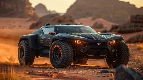 Cutting-Edge Off-Road Car in Desert Setting Sun