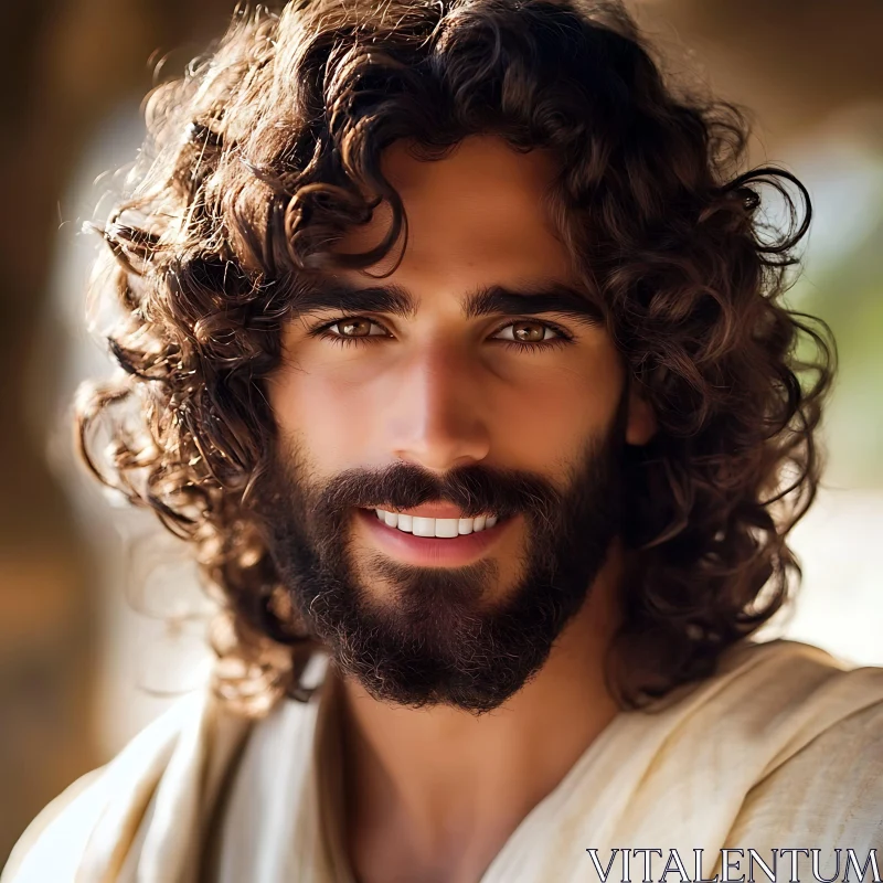 Curly Haired Man with Beard and Bright Smile in Natural Light AI Image