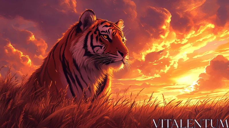 Tiger at Sunset in Grassland AI Image