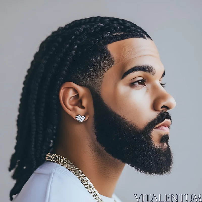 Side-Profile Portrait of a Man with Stylish Braids and Beard AI Image