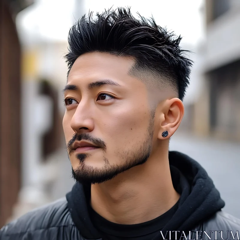 Thoughtful Male Portrait with Black Earrings AI Image