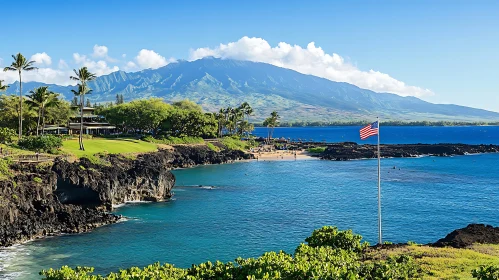 Coastal Tropical Island with Blue Ocean and Mountains