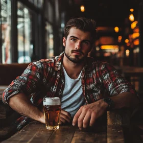 Man Enjoying a Beer at a Dimly Lit Bar