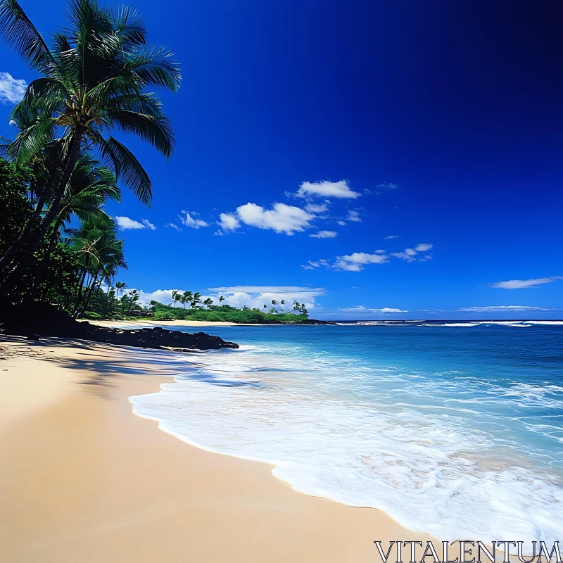 Tranquil Beach with Ocean Waves and Palm Trees AI Image