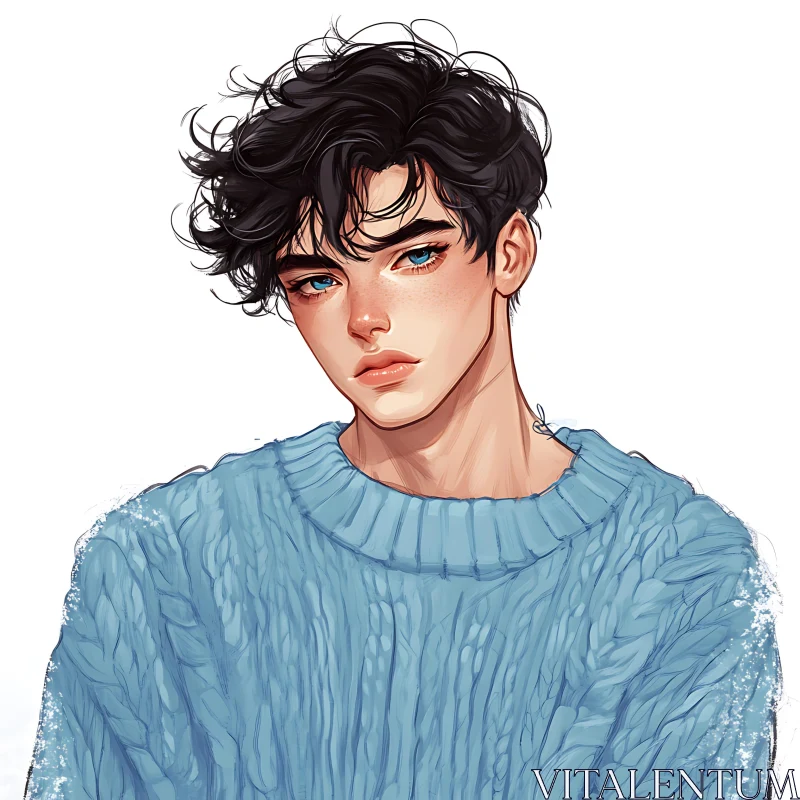 Digital Art of Youthful Character in Blue Sweater AI Image