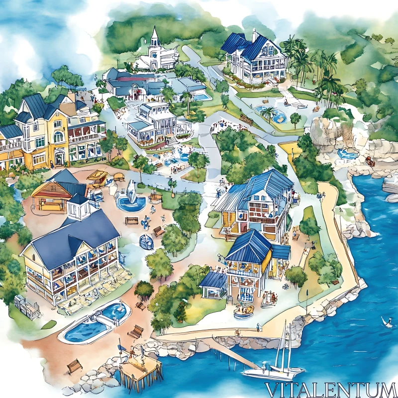 Scenic Harborfront Village with Cottages and Boats AI Image