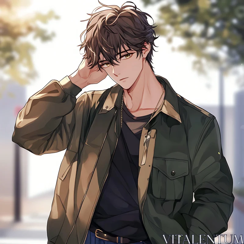 Casually Posing Anime Male Character with Stylish Jacket AI Image