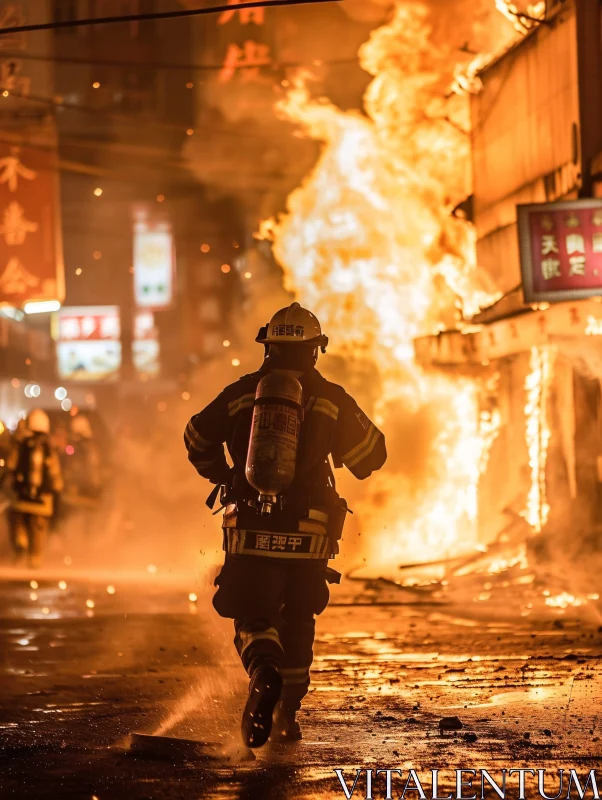 Urban Firefighter Against Night Inferno AI Image