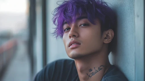 Stylish Man with Tattoo and Purple Hair in Cityscape