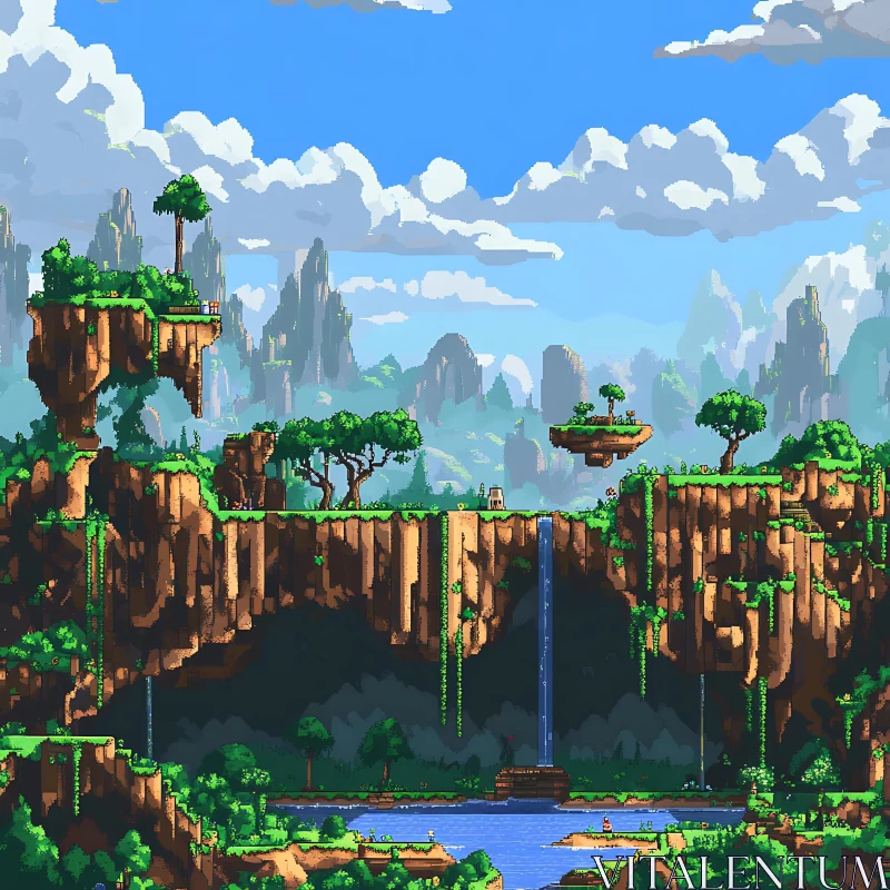 Floating Worlds: Pixel Art Scene with Cliffs and Waterfall AI Image