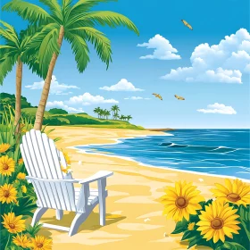 Peaceful Oceanfront with Flowers and Chair