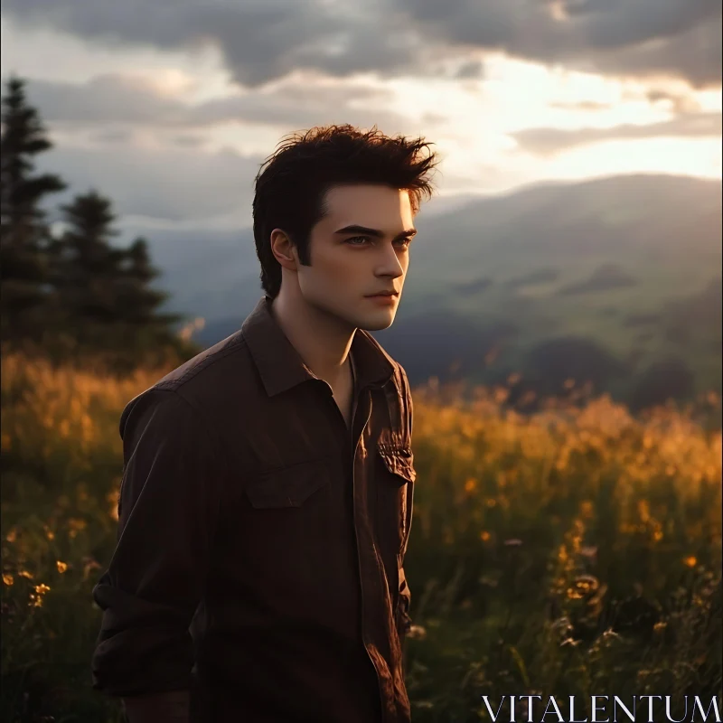 Young Man Gazing at Sunset in Natural Field AI Image