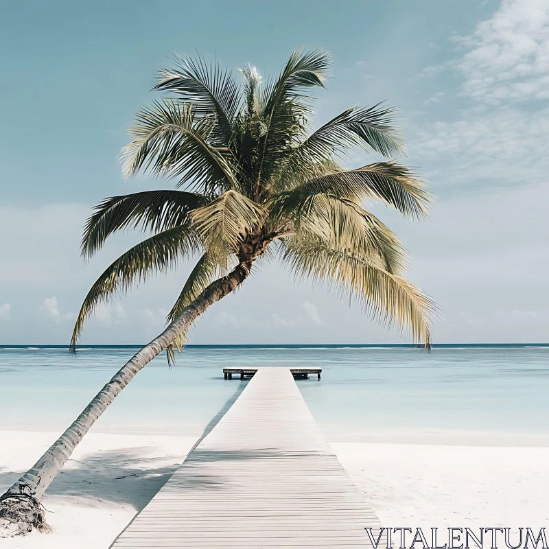 Serene Tropical Beach Scene with Palm and Pier AI Image