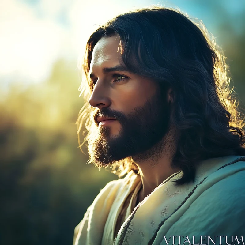 Contemplative Man with Long Hair and Beard AI Image