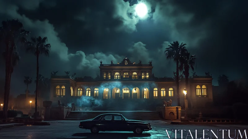 AI ART Eerie Night with Moonlit Mansion and Car