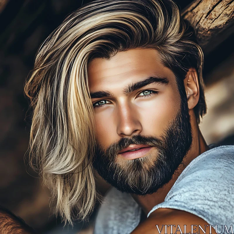 Intense Gaze of Blonde Man with Beard AI Image