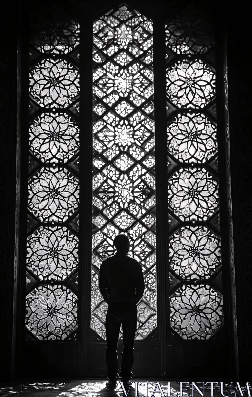 Silhouette in Ornate Window Light AI Image