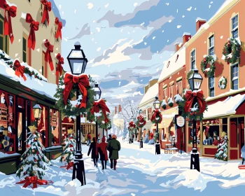 Festive Street Scene with Snow and Holiday Cheer