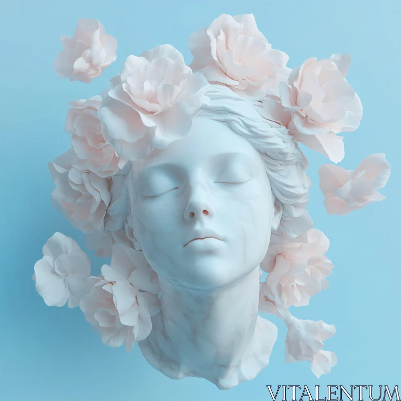 AI ART Peaceful Marble Bust Adorned with Pastel Blooms