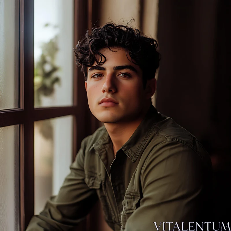 Thoughtful Young Man Seated by the Window in Olive Green Shirt AI Image