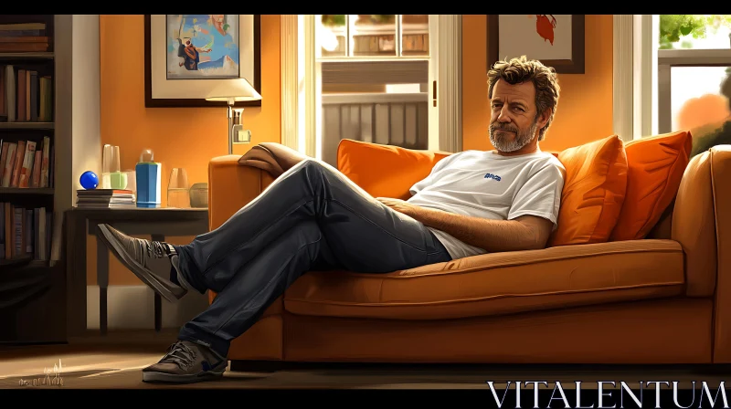 Comfortable Man Lounging in a Warm Living Room AI Image