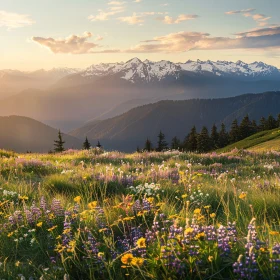 Wildflower Meadow at Sunset with Mountain View