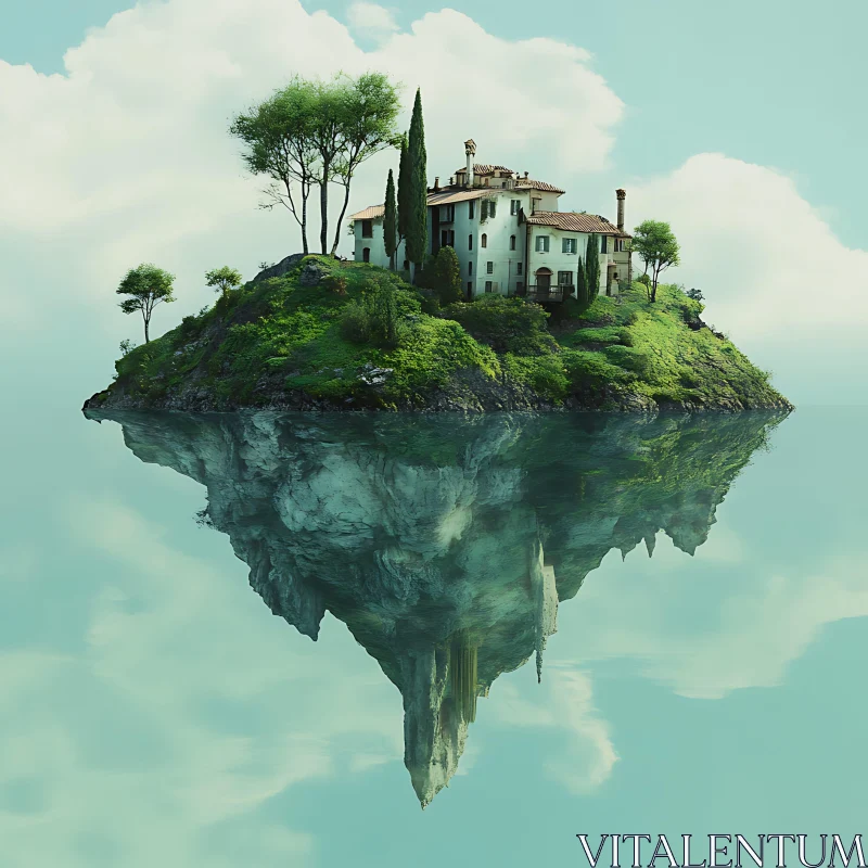 AI ART Ethereal Floating Island with House and Greenery