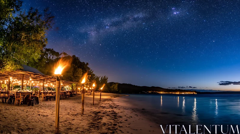 Tropical Beach Night Scene with Torches AI Image