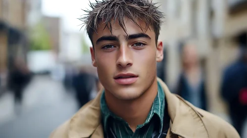 Close-Up Portrait of a Young Man in Cityscape