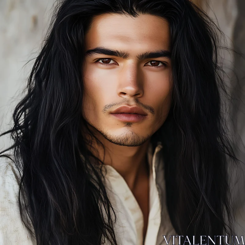 Elegant Male Portrait with Long Black Hair AI Image