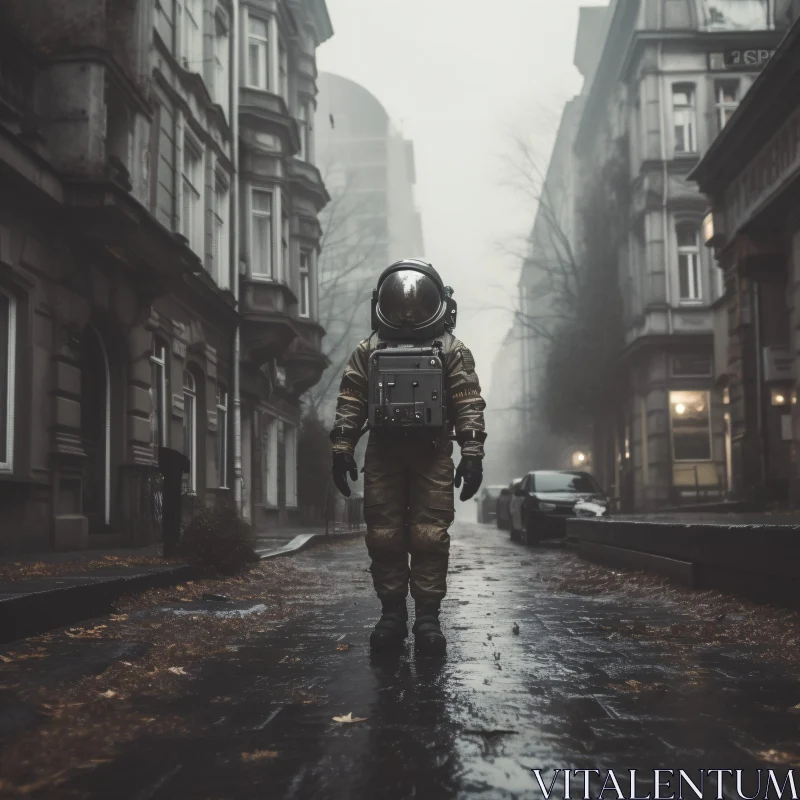 AI ART Solitary Astronaut Amidst Urban Mist