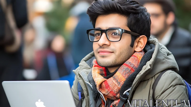 Focused Young Man Engaged with Laptop AI Image