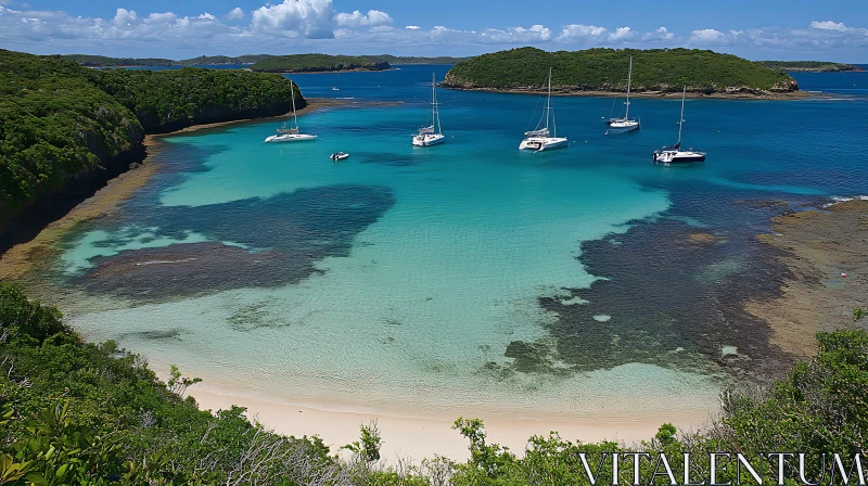 Serene Beach Scene with Anchored Sailboats AI Image