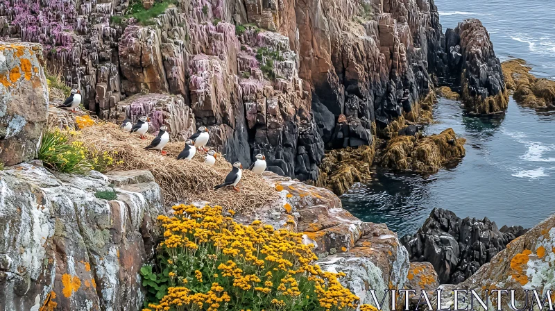 Seaside Cliff With Puffins and Wildflowers AI Image