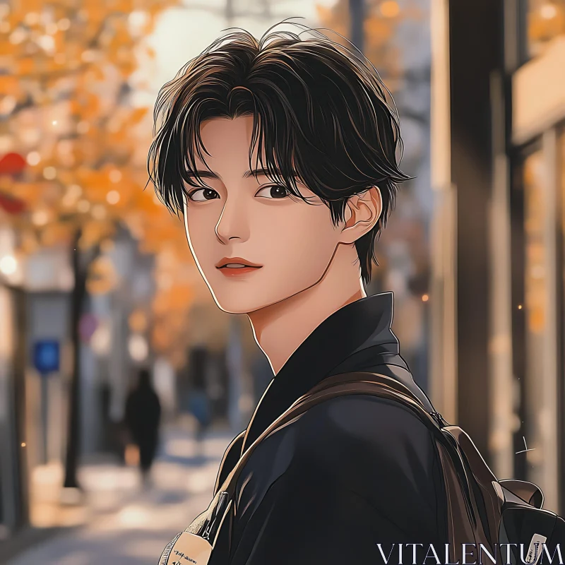 Autumn Street Scene with Anime Character AI Image