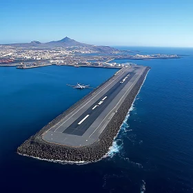 Runway Extending into the Sea with Airplane and Clear Sky