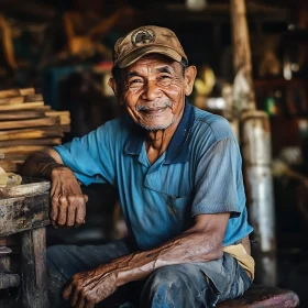 Elderly Man with Gentle Smile in Rustic Environment