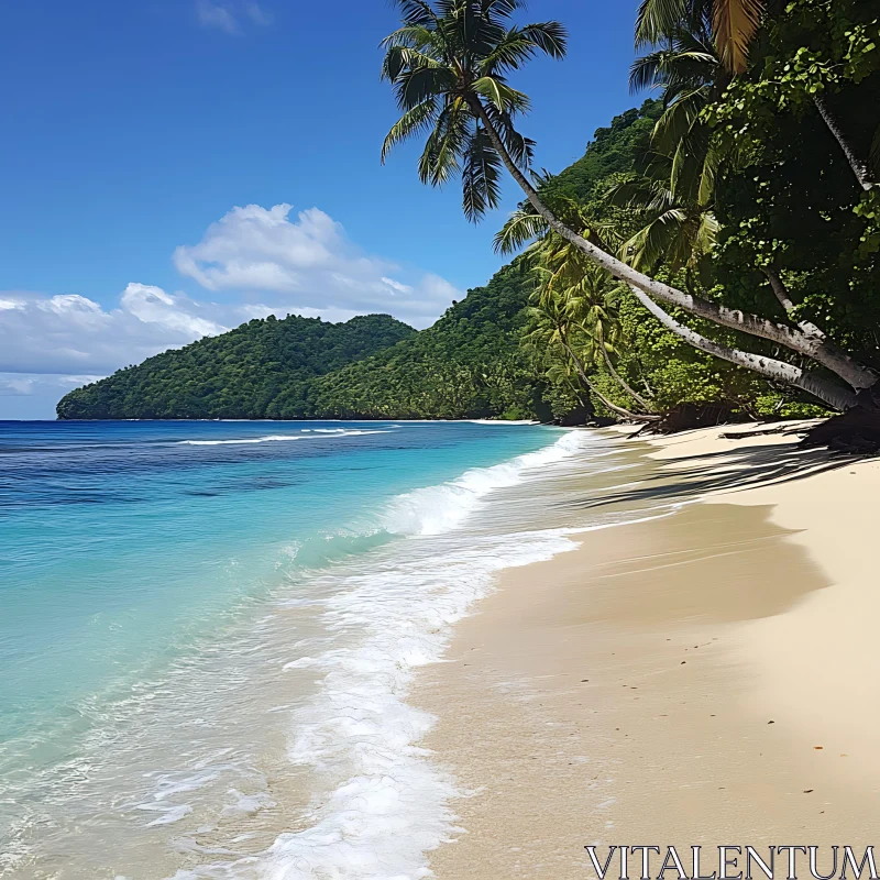 Idyllic Tropical Beach with Palm Trees and Clear Ocean AI Image