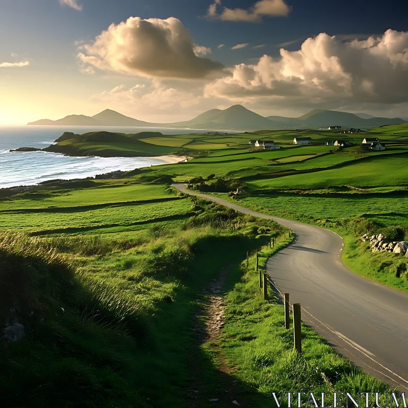 Scenic Countryside with Winding Road and Ocean Views AI Image