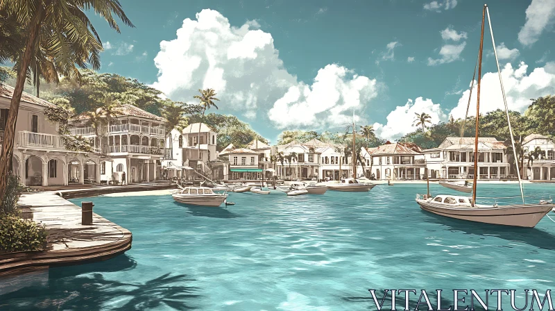 Picturesque Harbor with Sailboats and Colonial Buildings AI Image