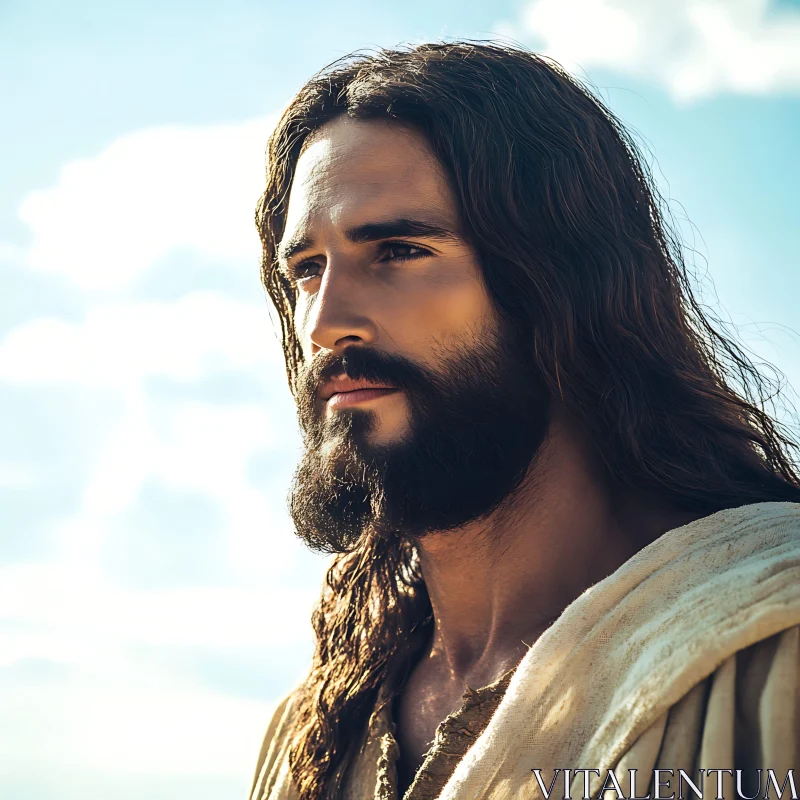 Contemplative Man with Long Hair and Beard AI Image