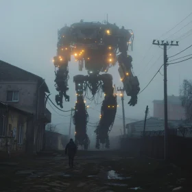 Colossal Robot in Misty Cityscape