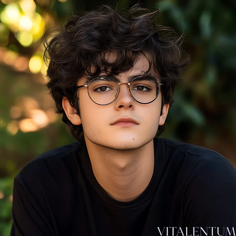 AI ART Young Man with Curly Hair and Glasses Outdoors