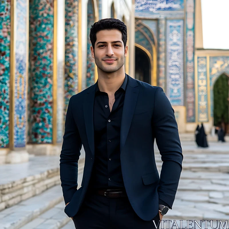 Confident Man in Front of Patterned Architecture AI Image