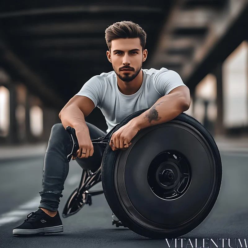 Urban Motorcycle Rider with Tattoo Under Bridges AI Image