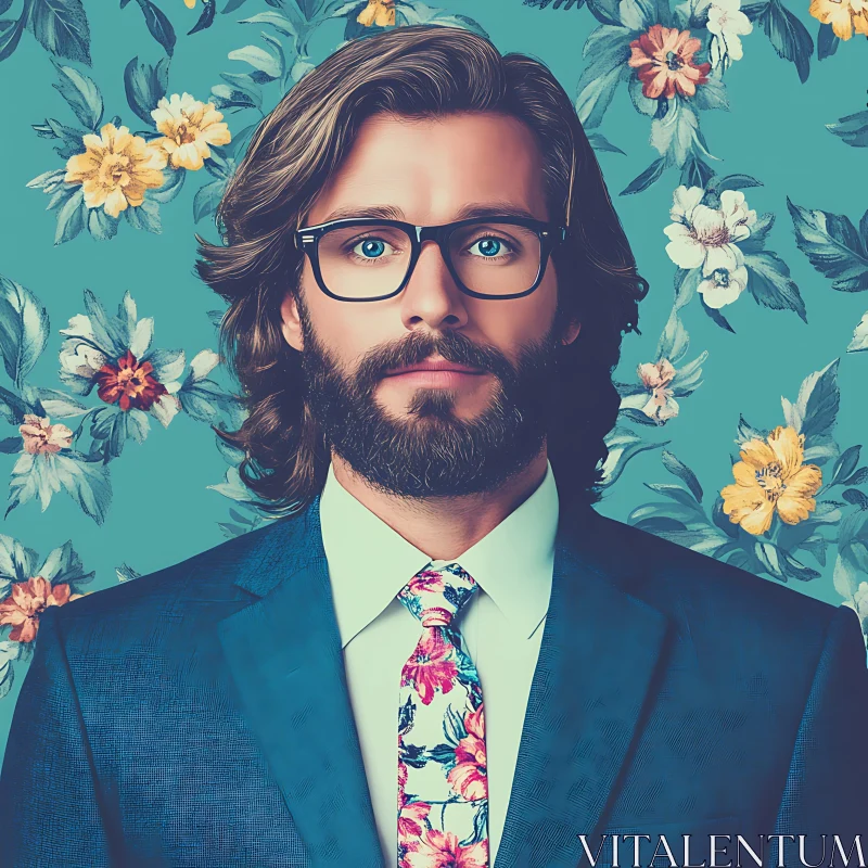 Elegant Bearded Man in Glasses with Floral Tie AI Image