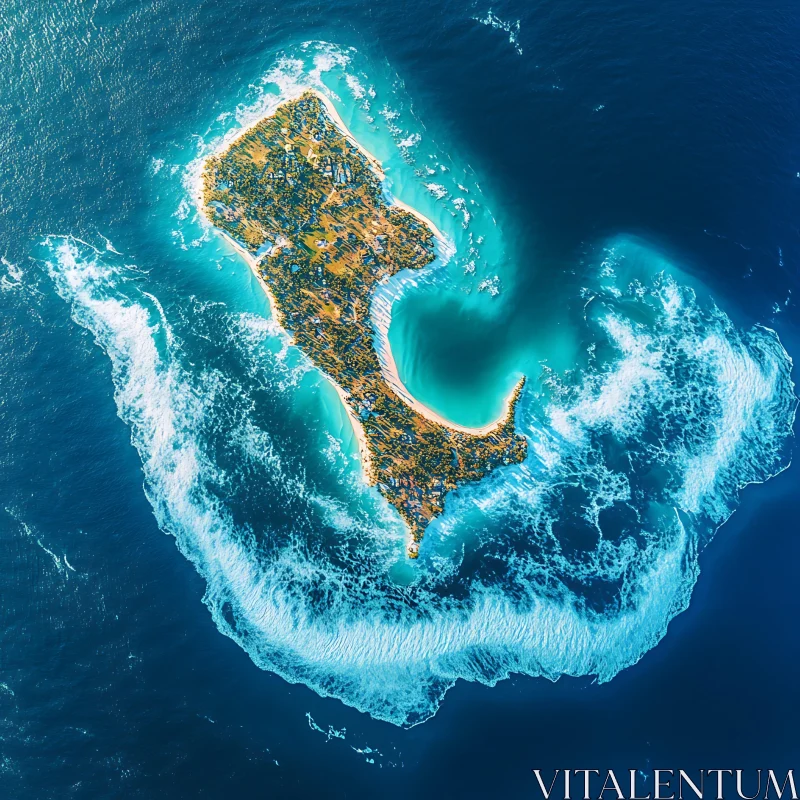 Island Surrounded by Turquoise Ocean Viewed from Above AI Image