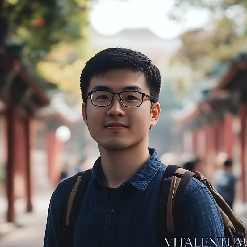 Portrait of a Man with Glasses and Backpack AI Image