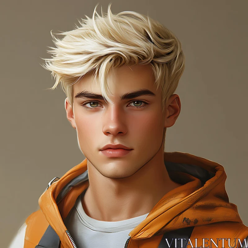 Young Man with Blonde Hair Wearing an Orange Jacket AI Image